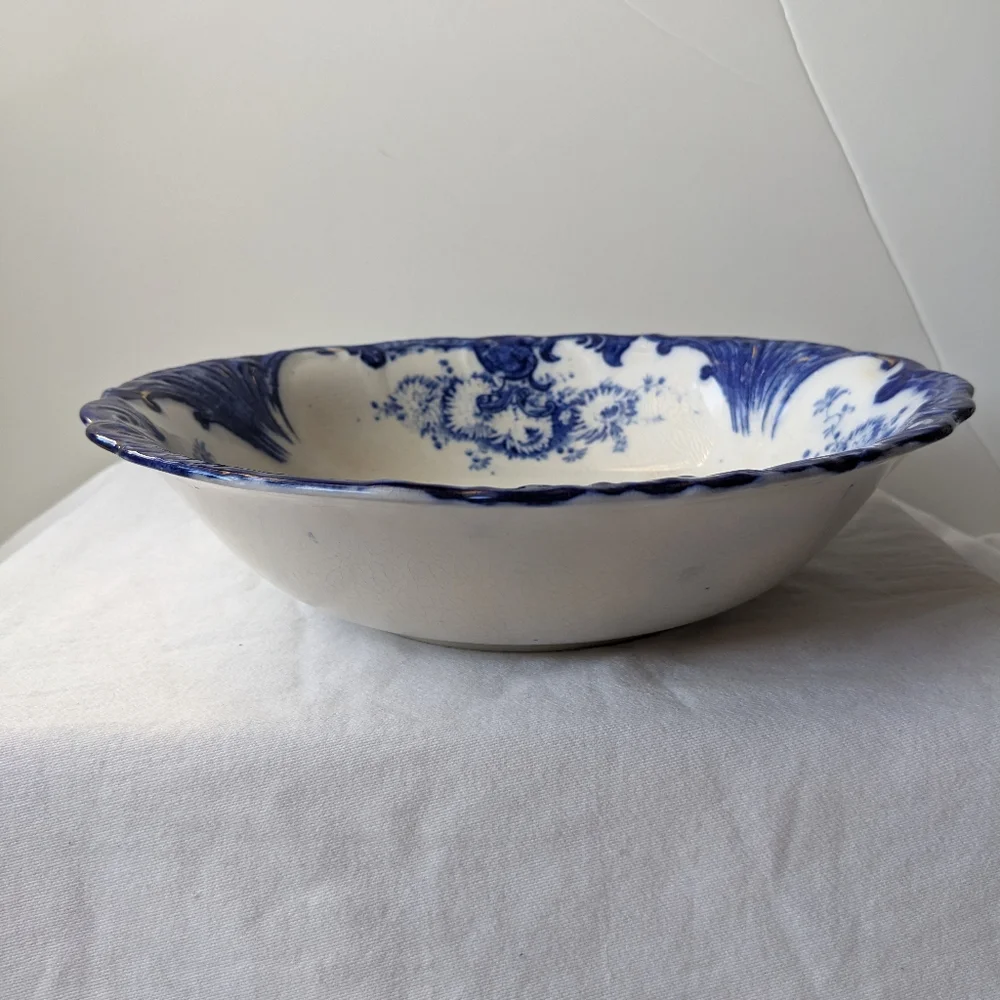 Antique Upper Hanley England Dahlia Flow Blue Floral Round Vegetable Bowl